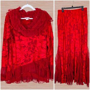 DESIGN TODAYS Floral Burnout Velvet Ruffle Top & Maxi Skirt Set Size XL